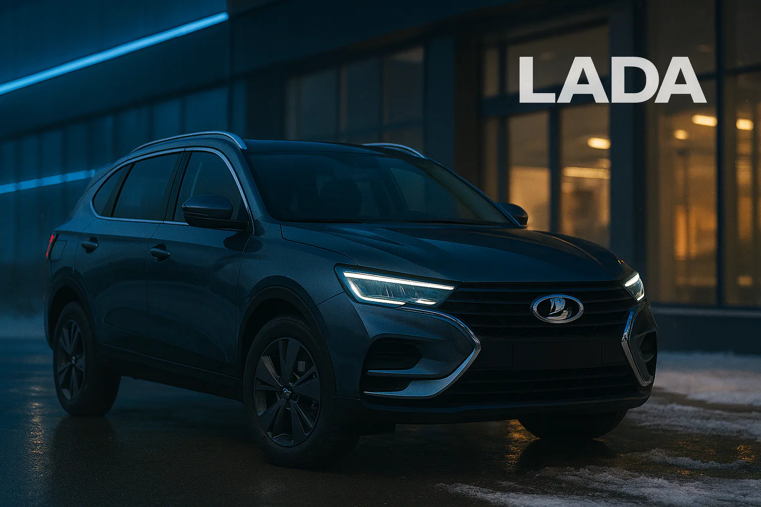 Крупный автомобиль Lada, фасад дилера